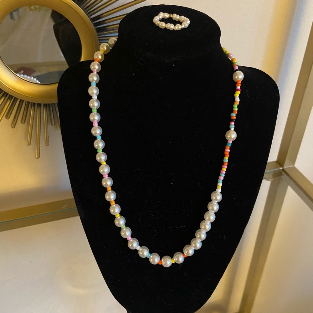 Colorful Spring pearl necklace and matching ring set